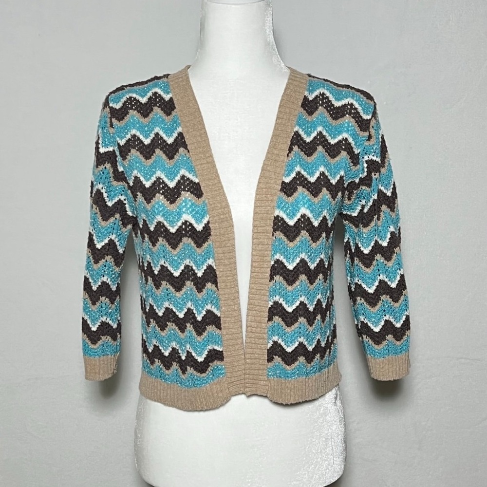 TWO-ONE-TWO Chevron Pattern Open Front Cropped Bolero Shrug Knit Overlay Topper